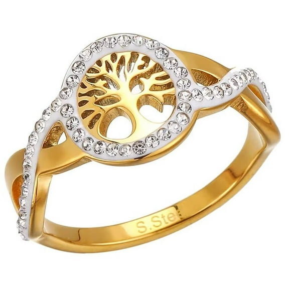 PAMTIER Women's Stainless Steel Cubic Zirconia High Polished Hollow Round Tree of Life Ring Gold Size 7