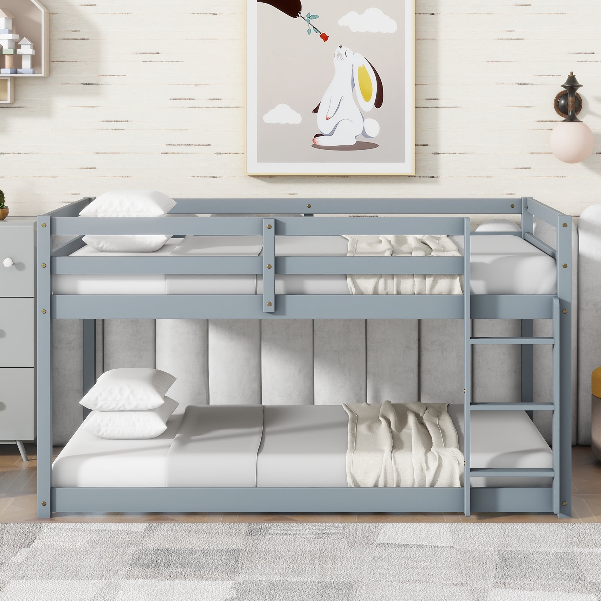 Alvantor Wooden Bunk Bed Twin over Twin Floor Bunk Bed with Safety Rail, Ladder for Children Boys Girls Gray