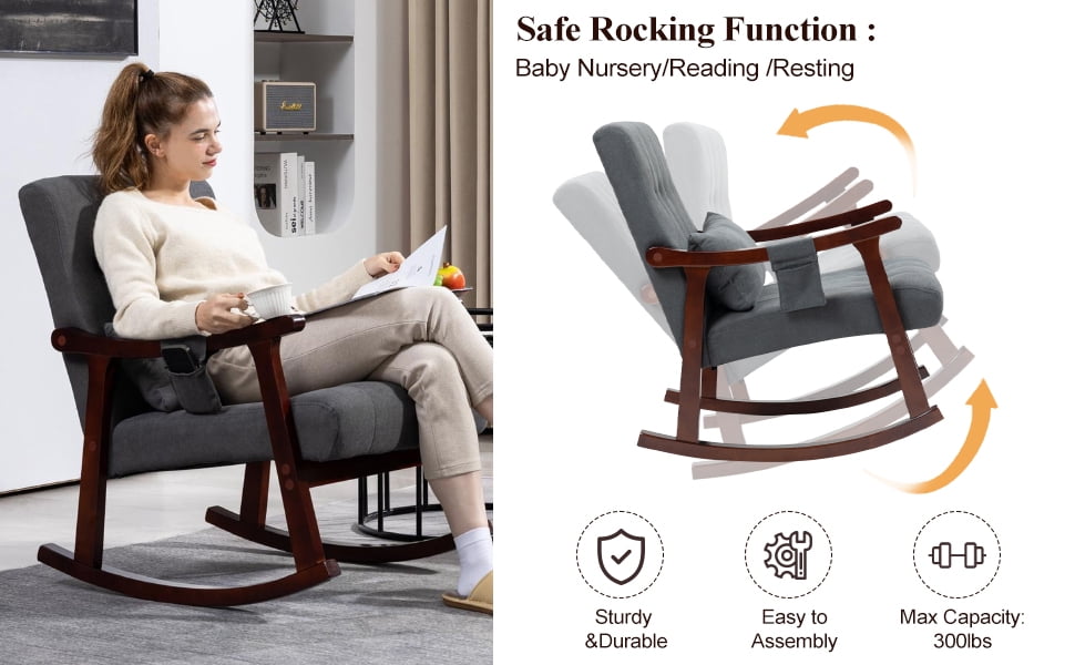 Rocking Chair with Massage Lumbar Support,Upholstered Glider Chair with Side Pocket, Nursery Rocker with High Backrest,Rubber Wood Legs, Rocking Accent Armchair for Living Room Bedroom Nursery