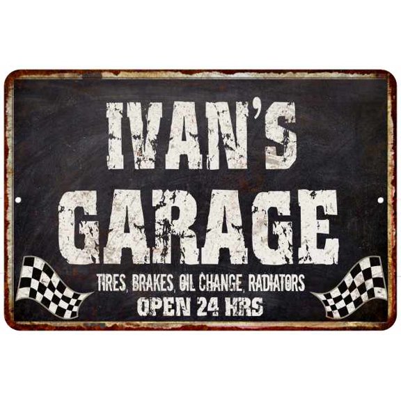 IVAN'S Garage Black Grunge Sign 8 x 12 High Gloss Metal 208120005065