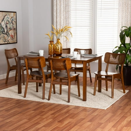 Baxton Studio Estera Mid-Century Modern Walnut Brown Finished Wood and Rattan 7-Piece Dining Set