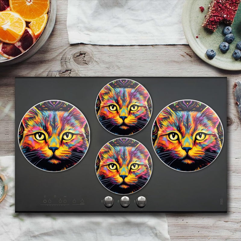BaHomeck Electric Stove Burner Covers Set of 4,Round Metal Gas Stove Burner Covers 8 Inch and 10 Inch,Kitchen Decor,Vibrant Cat In The Style Of Bright