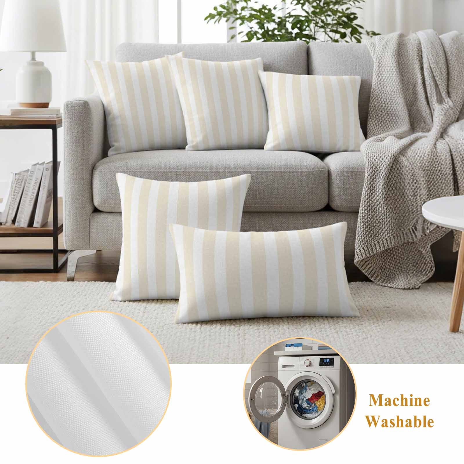 Cream and Outdoor Pillow Covers 18"x18" Set of 2, White Striped Geometric Waterproof Throw Pillow Covers for Patio Furniture, Decorative Cushion Covers for Porch