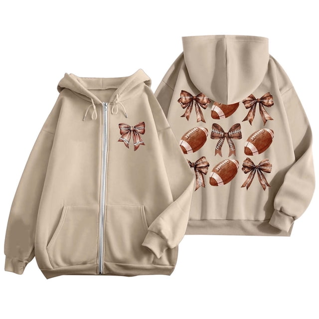 Women's Fashion Rugby Print Zippered Long Sleeve Hoodie with Pocket Drawstring Casual Athletic Sweatshirt