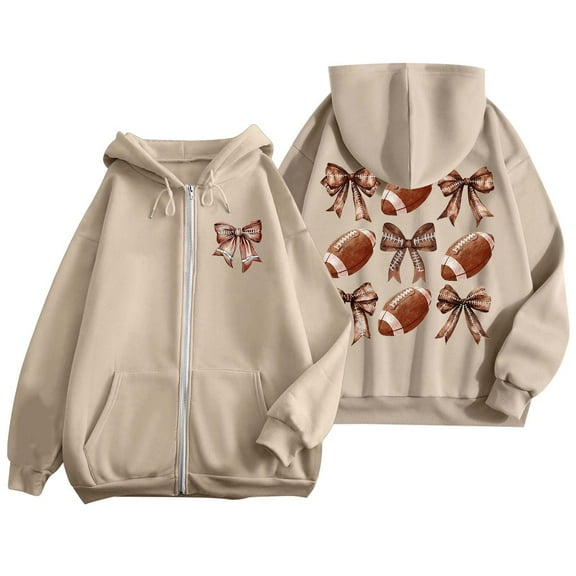 Women Zip Up Hoodies Lightweight Cute Football Graphic Long Sleeve Hooded Jackets Game Day Trendy Loose Tops with Pockets Z001-Beige L