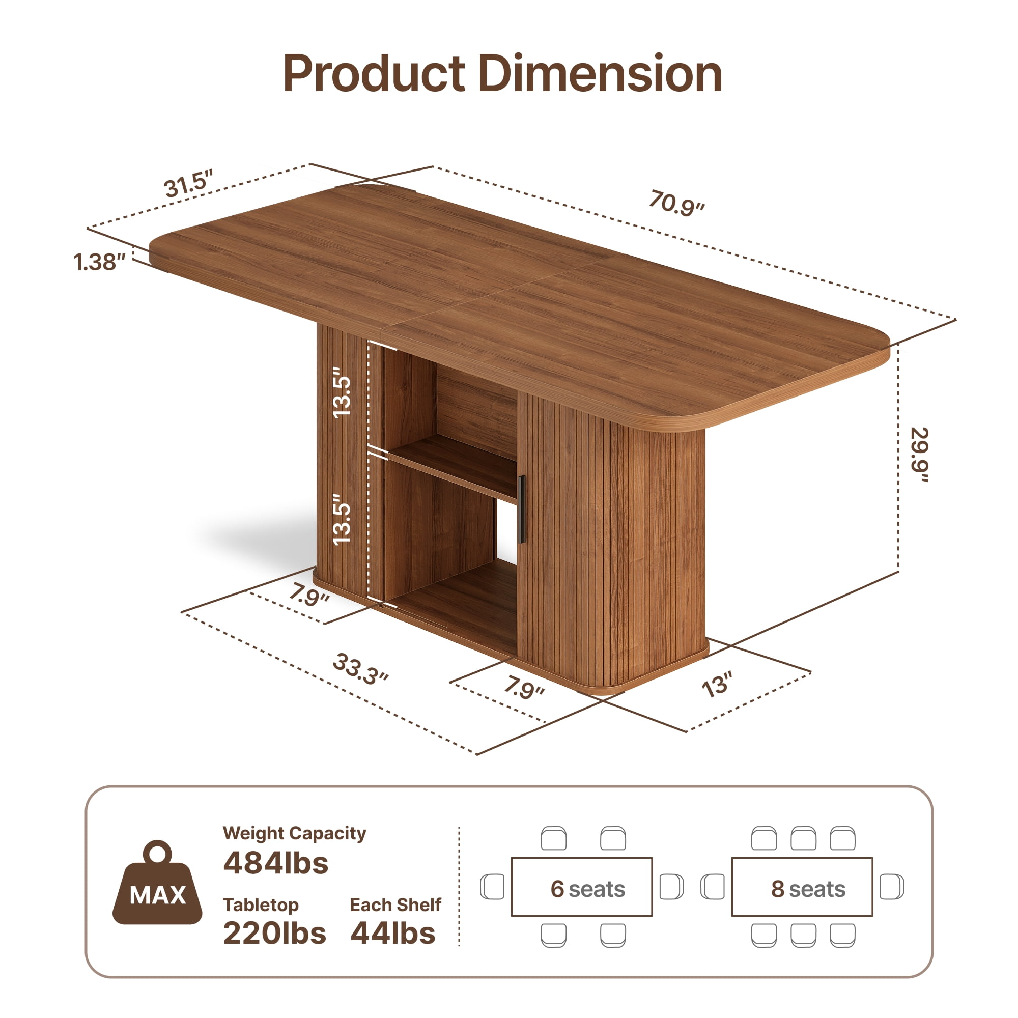 SUNCOZE 70in Dining Table for 4-8, Dining Leisure Table with Storage Shelves, 1.38" Thick Top, Scratch-Resistant, Natural Wood Finish, Multi-Use for Dining Room Kitchen Office