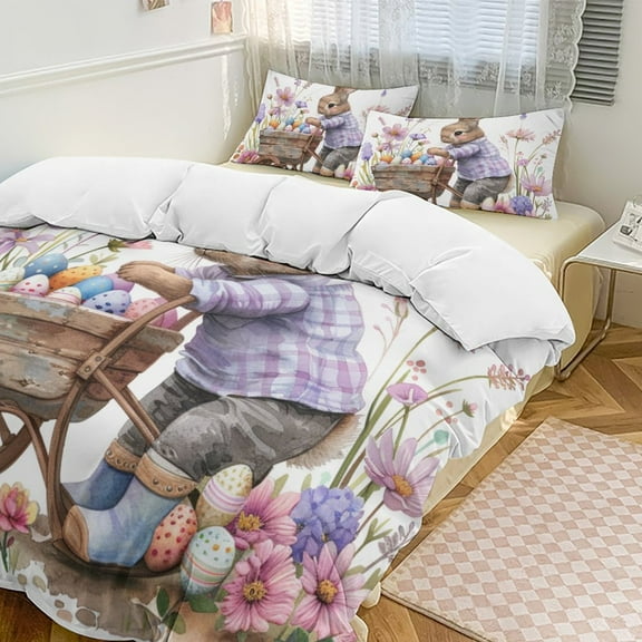 Easter Bunnies Rabbits Duvet Cover Set King Size for Bedroom Decoration Print Bedding Set Comforter Cover Decorative Microfiber with 2 Pillow Sham Multicolor
