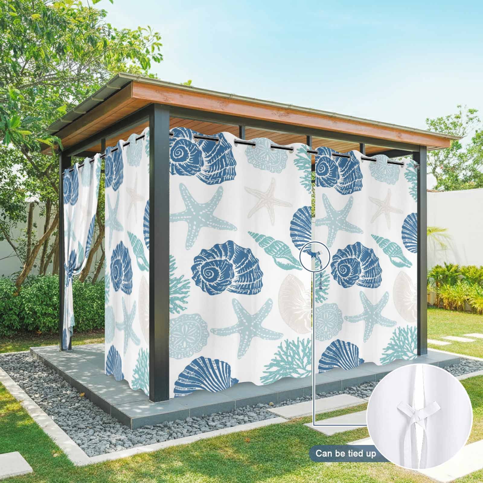 Summer Marine Life Outdoor Curtains for Patio, Graffiti Blue Corals Shell Conch Sea Starfish Sunshade Privacy Drapes Grommet Waterproof Outside Curtains for Porch/Cabana/Balcony 54"x 108", 1 Panel