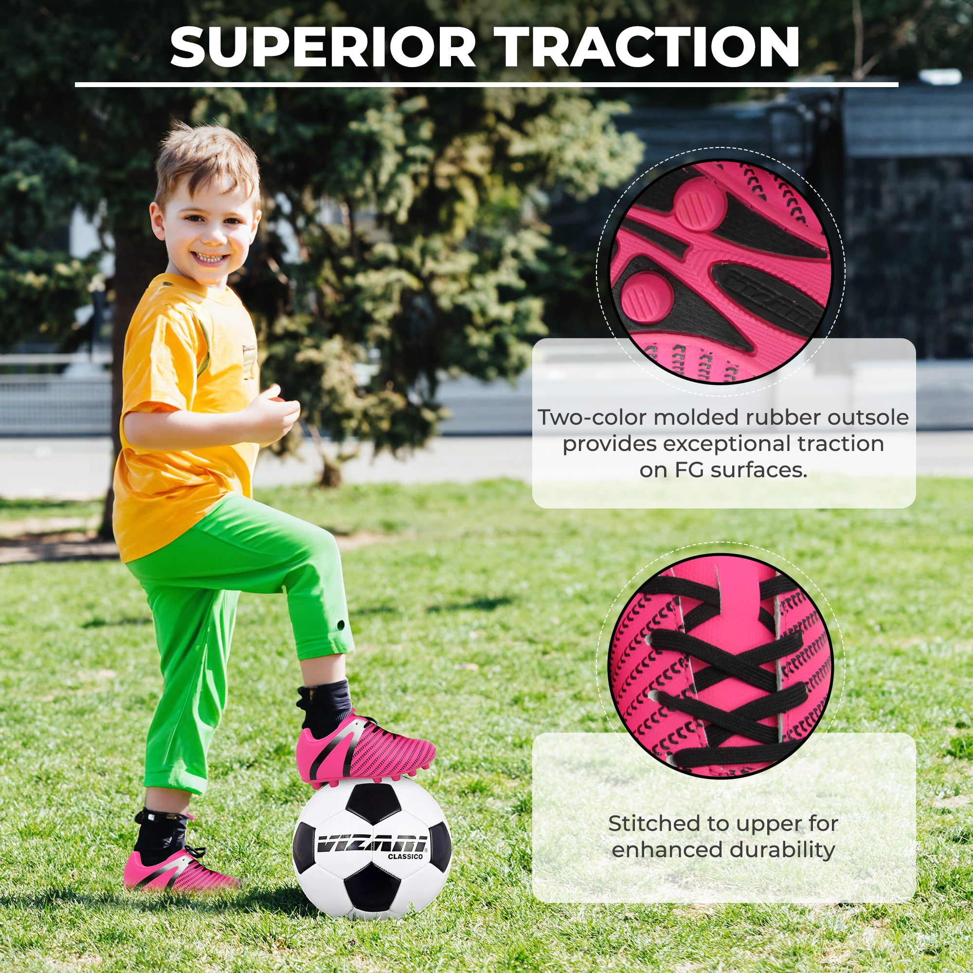 Vizari USA Impact Firm Ground Soccer Cleats for Kids – Comfortable, Lightweight, and Durable Shoes for Toddlers, Little Kids, and Big Kids - Pink/Silver, 2.5