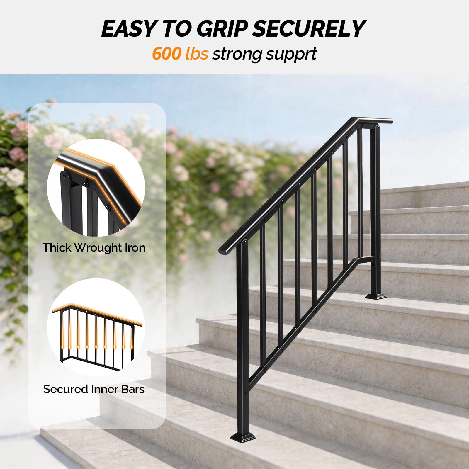 Handrails for Outdoor Steps Fits 3 to 4 Steps