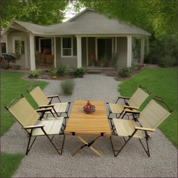 Portable Foldable Dining Set 1 Table   4 Chairs for Indoor/Outdoor Camping Patios | Natural | Wood