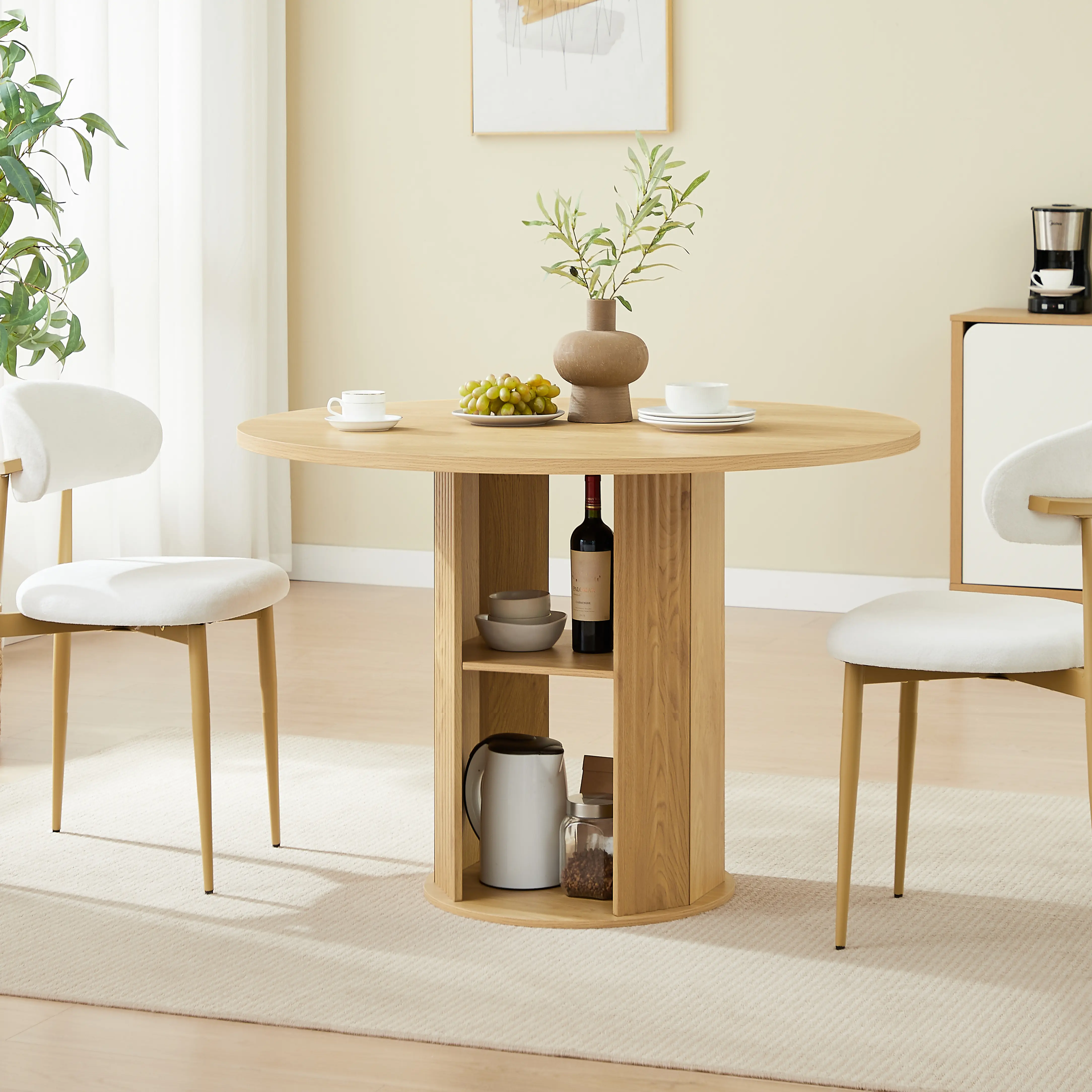 Aukfa 2 Pcs Round Dining Table Set with 2-Tier Storage Shelves, 2 Upholstered Chairs, Natural