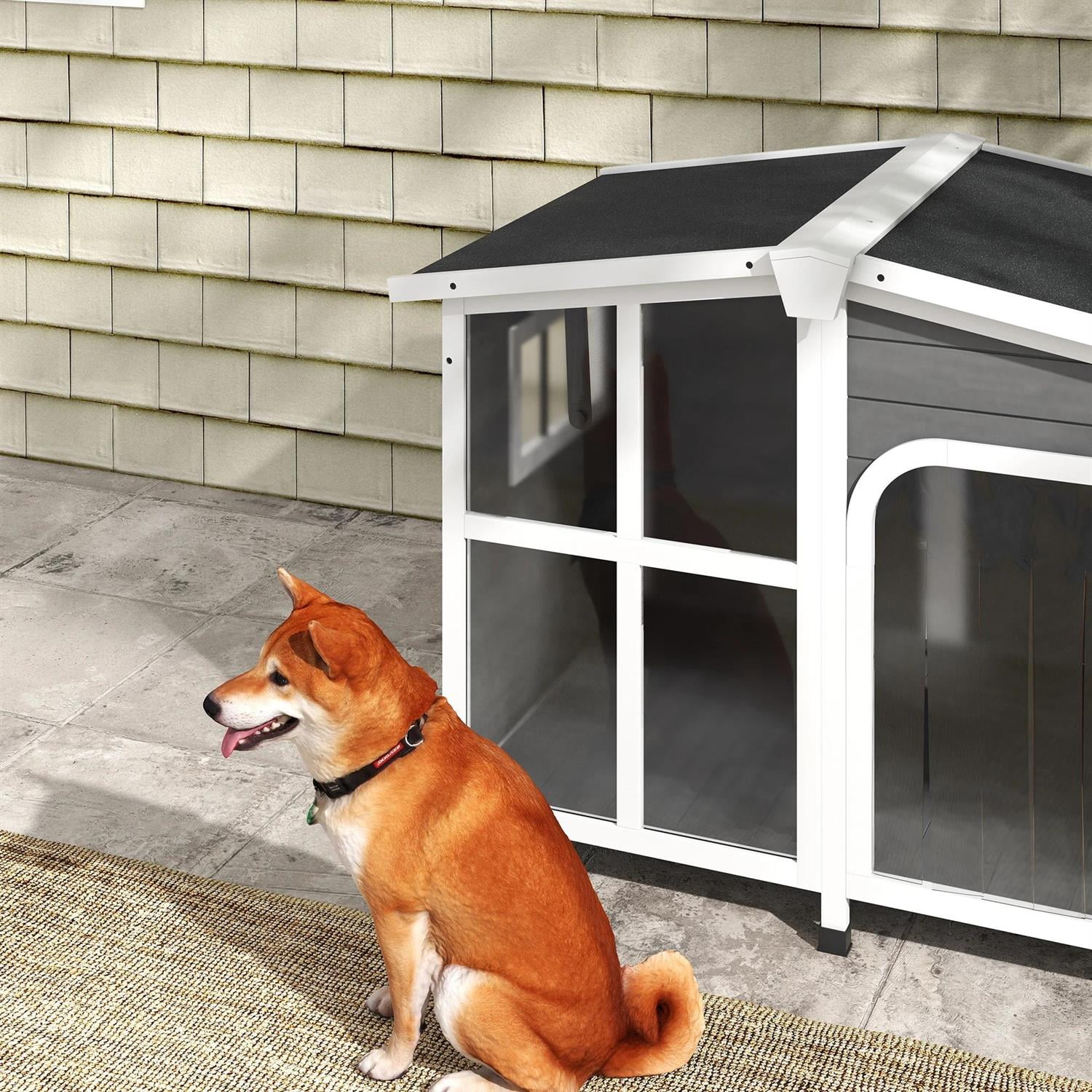 Pefilos 42" Outdoor Cabin Style Dog House with Openable Roof & Giant Window, Wooden Dog Kennel Weatherproof for Small to Large Dogs, Gray