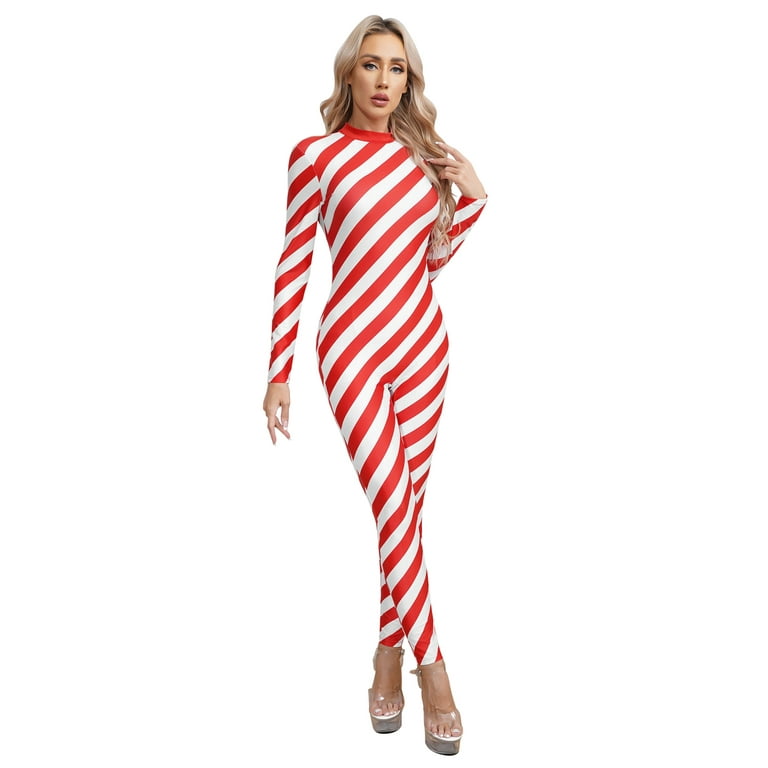 Haitryli Women s Christmas Candy Cane Bodysuit Long Sleeve Striped Jumpsuit Sleepwear Xmas Party Red XL