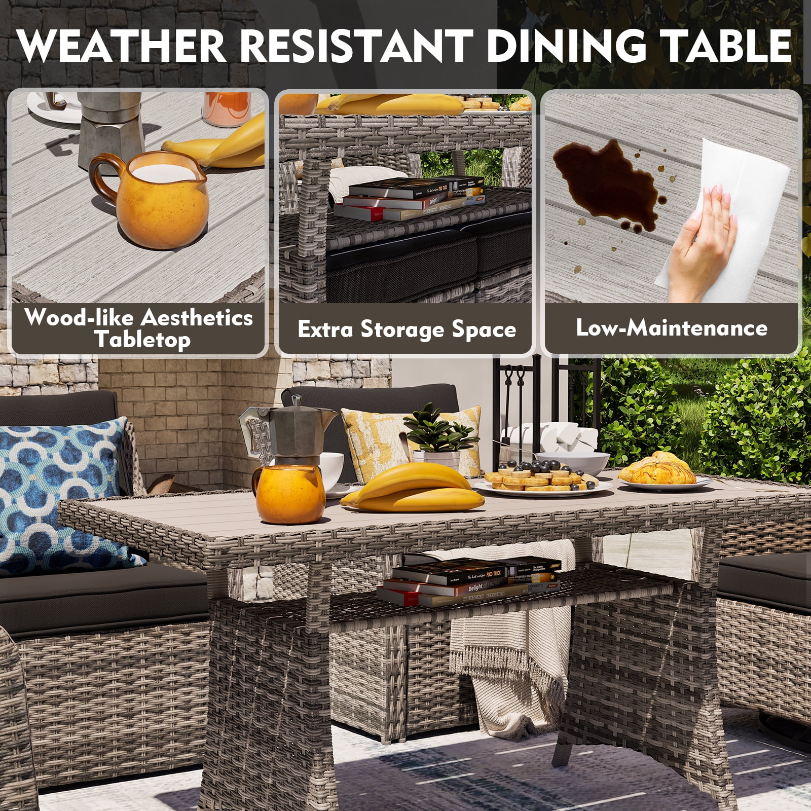 MEISSALIVVE 8 Pieces Patio Furniture Set with Dining Table, Outdoor Wicker Conversation Set with 3-Seat & 2-Seat Sofas, Wicker Armrest Swivel Chairs, 2 Ottomans, Black