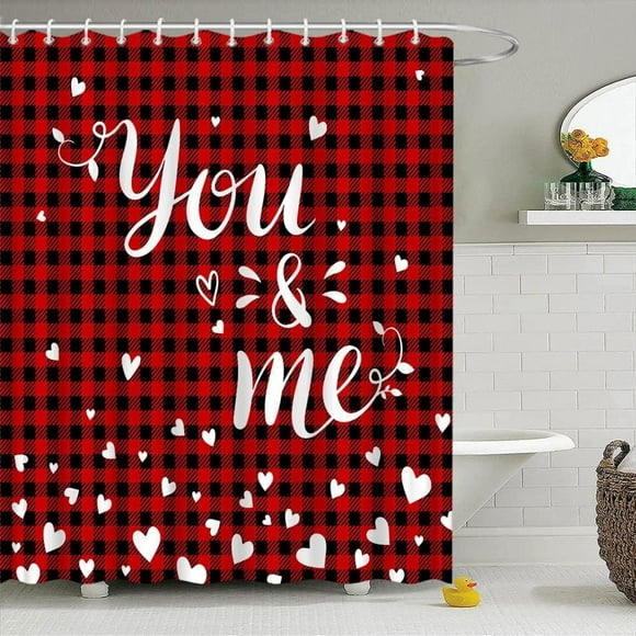 Rideau de Douche Rouge de la Saint-Valentin Toi et Moi Carreaux Buffalo Rustique Doux Romantique Créatif Moderne Simple Tissu Décoratif Rideaux de Salle de Bain avec Crochets
