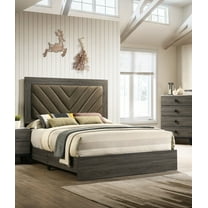 Gorgeous Classic Grey Finish Upholstered Fabric Headboard Queen Size Bed Lines Design 1pc Bedroom Furniture Wooden