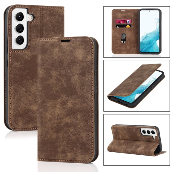 Wallet Case for Samsung Galaxy S22,Built-in Magnet Compatible with Magsafe Charger,Premium PU Leather Magnetic Closure Flip Holder RFID Blocking Card Slot Anti-falling Phone Cover,Brown