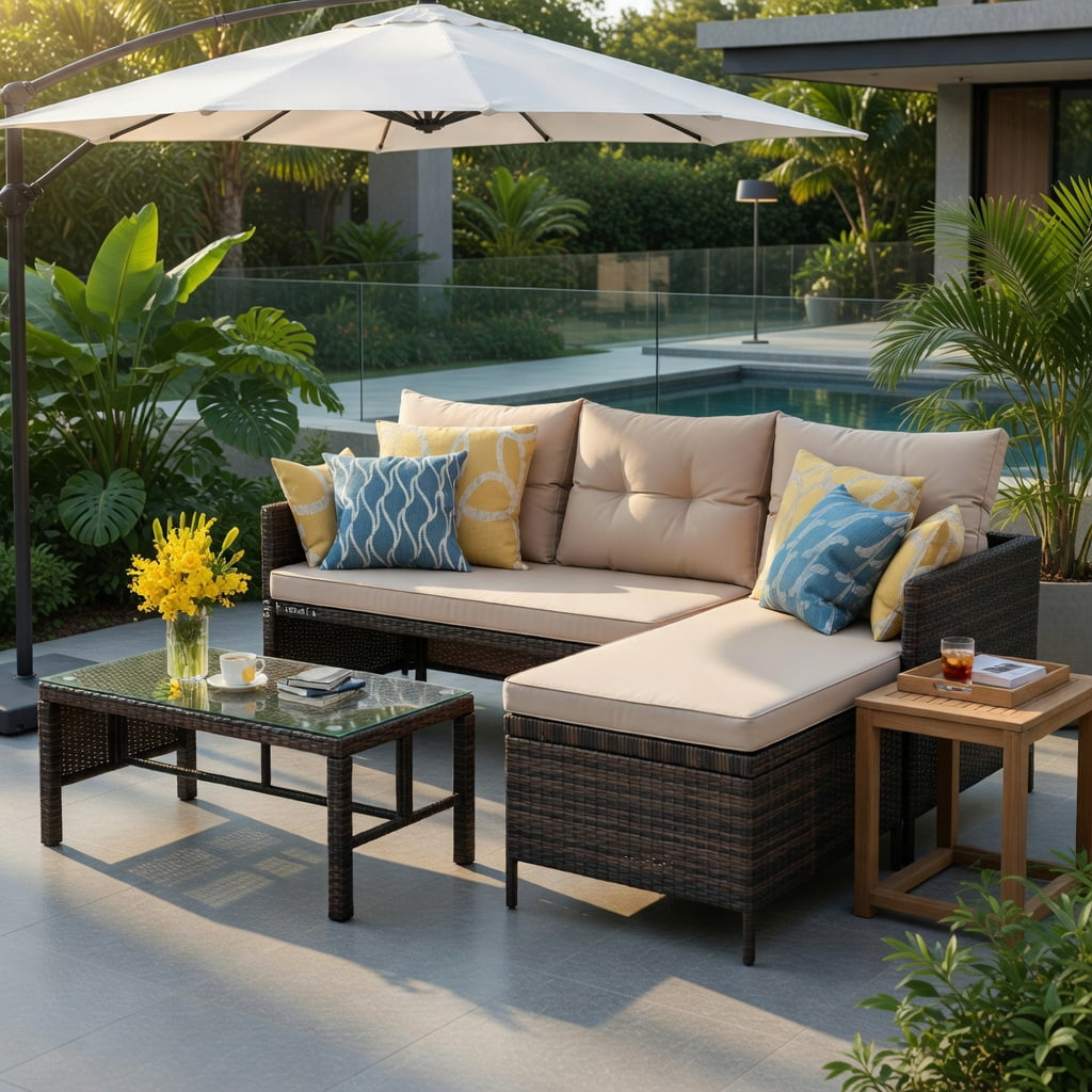 Hommoo 3-Piece Outdoor Wicker Patio Sofa Set with Tempered Glass Coffee Table, Rattan Sectional for Backyard, Deck or Balcony, Brown