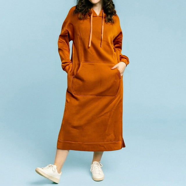 Chandails à Capuchon pour Femmes Automne et Hiver Ample Grande Jupe Longue Tricotée avec Capuche Robe Décontractée Mode Grande Jupe à Poches