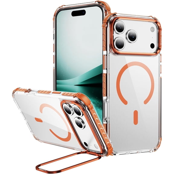 REQO Phone Case for iPhone 17 Pro Compatible with MagSafe Clear Magnetic Cover with Camera Ring Stand, Slim Heavy Duty Rugged for iPhone 17 Pro Case Transparent Non-Yellowing