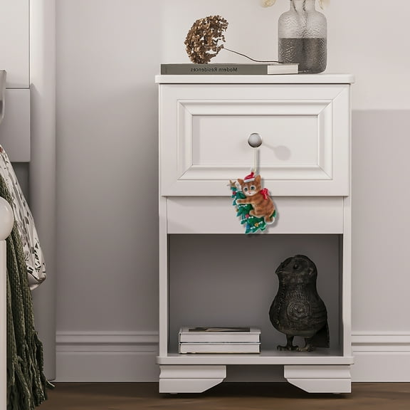 Glavbiku Mid-Century Nightstand with Drawer & Open Shelf for Bedroom,Retro Bedside Table,White,Adult