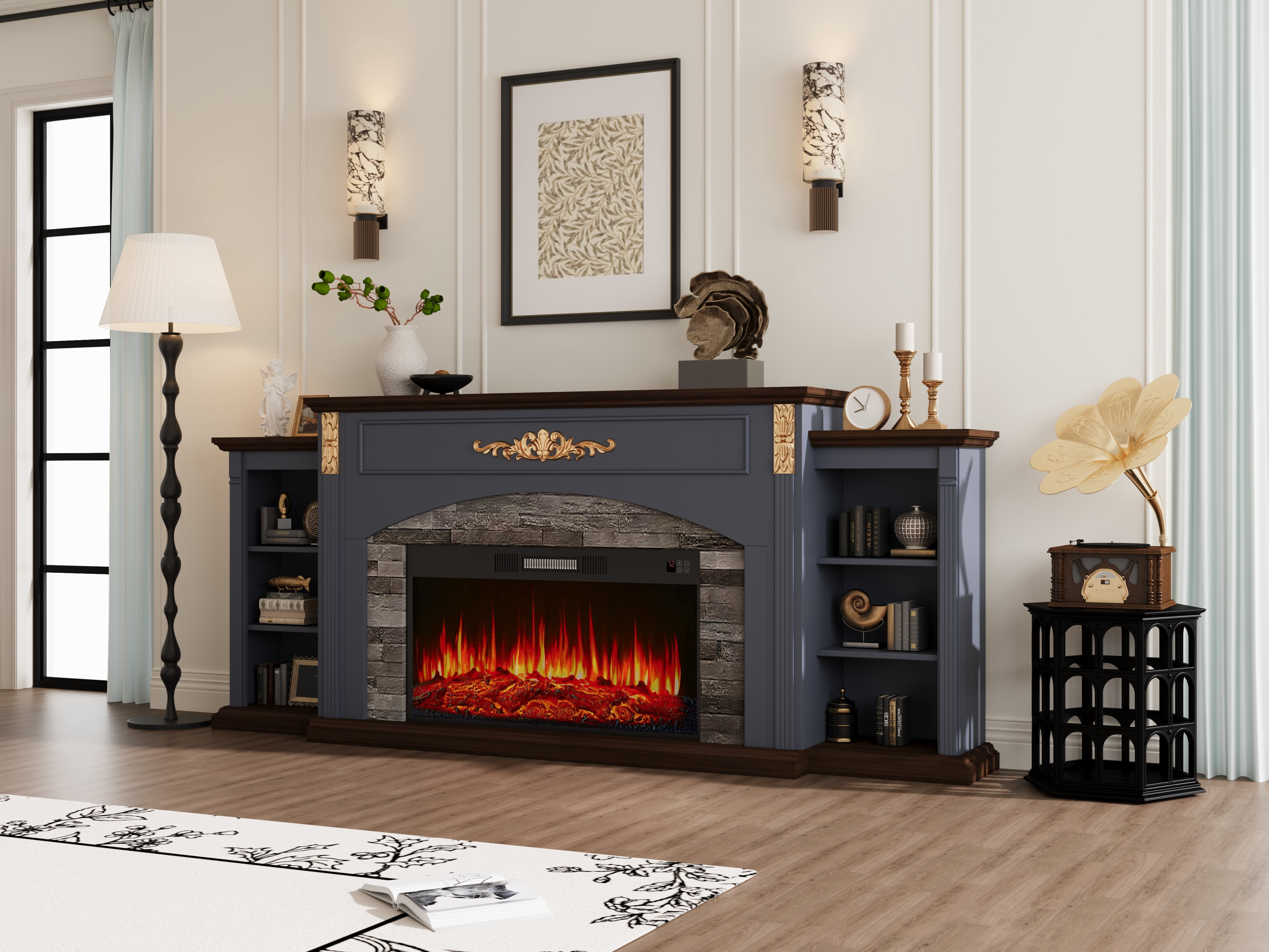 BOSHIRO 80" Blue Electric Fireplace with Mantel, TV Stand Fits 90" TVs, 30" Insert Heater
