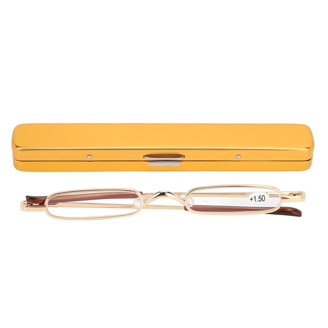Gafas de lectura delgadas, pequeñas, portátiles, de acero inoxidable, de metal, HD, con estuche, para hombres mayores, mujeres, doradas +150