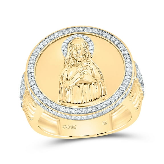 10kt Yellow Gold 5/8 Cttw Diamond Virgin Mother Mary Round Mens Ring, Men Size: 8-12