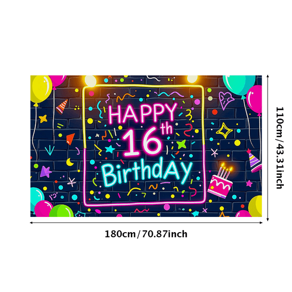 Neon Themed 16th Birthday Backdrop Banner Decorations with Balloons Stars and Cake Background Party Supplies for Photography Props Birthday Party Decor Happy 16th Birthday Celebrations