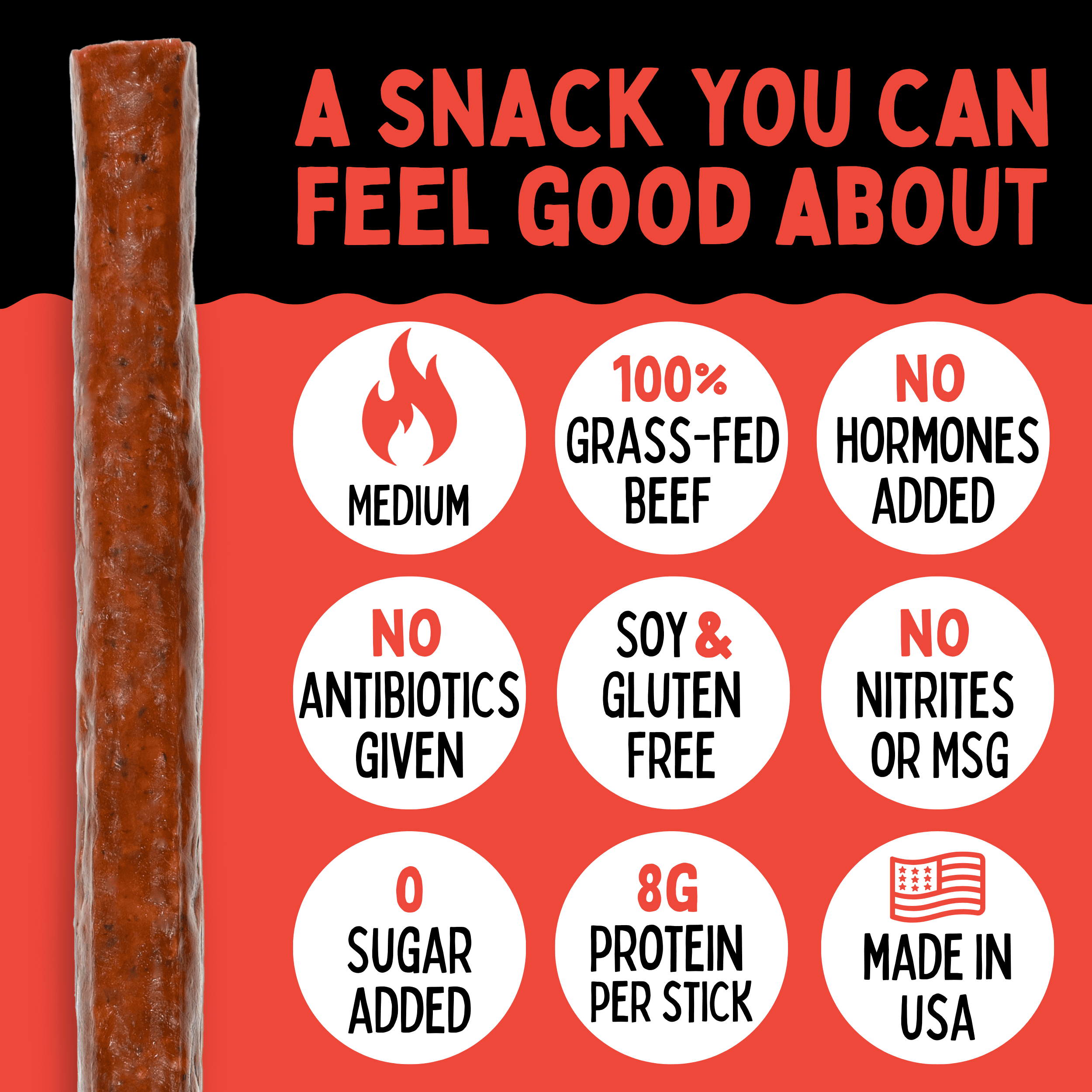 Jalapeno 100% Grass Fed Beef Sticks, Low Carb and Gluten-Free Snack, Hiking and Road Trip Snacks, Snack Pack of 12 Level 3.5 of 5 Spicy Jerky Sticks - Sogo Snacks