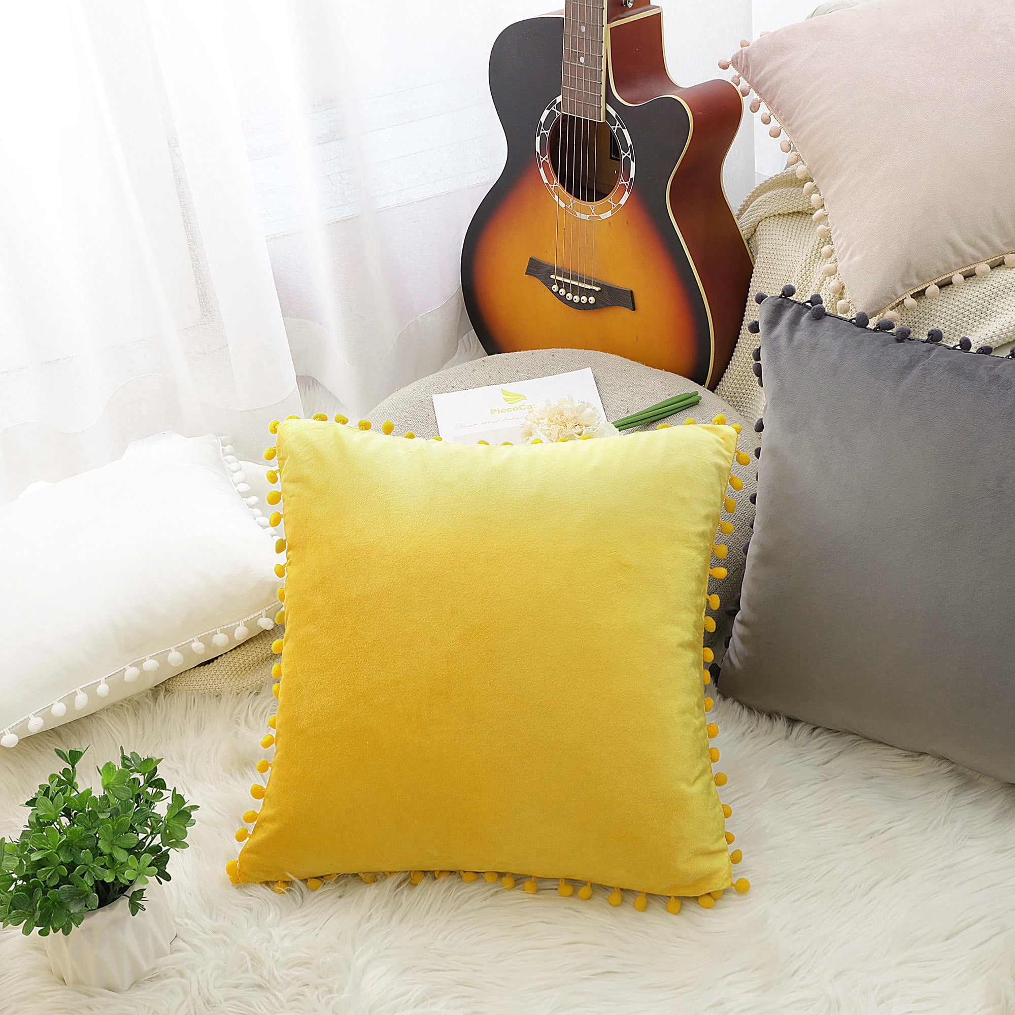 Unique Bargains Velvet Pillow Cover with Pompoms for Sofa 1PCS Golden Yellow 16x16Inch