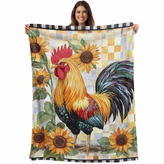 Vintage Rooster Blanket Soft Cozy Warm Throw Blanket for Couch, Plush Fuzzy Flannel Fleece Blankets for Sofa, Farmhouse Sunflower Animals Plaid Bed Blankets Lightweight Gifts for Women, 32"x48"
