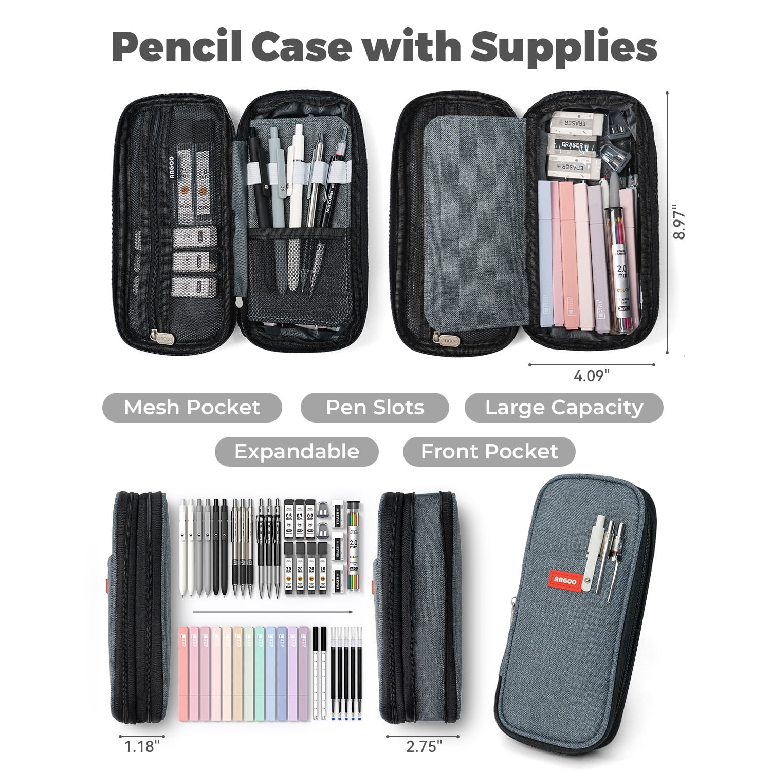 Four Candies 45 PCS Office Supplies with Pen Case, 6 Gel Pens, 6 Art Mechanical Pencil Set, 12 Highlighters for College Essentials Office Stationery (Black)