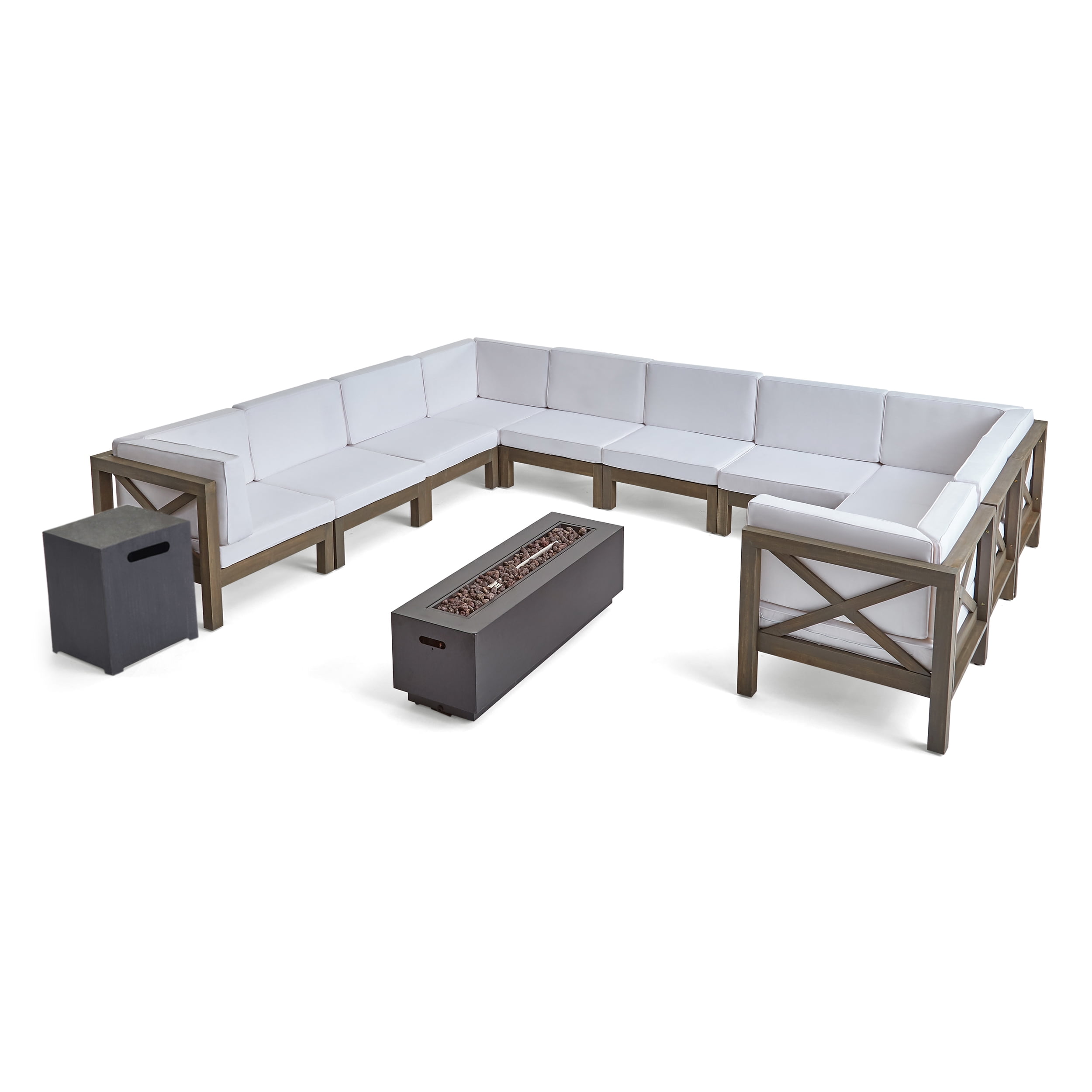 Darren Outdoor 12 Piece Acacia Wood Sectional Sofa Set with Cushions and Fire Pit, Gray, White, Dark Gray
