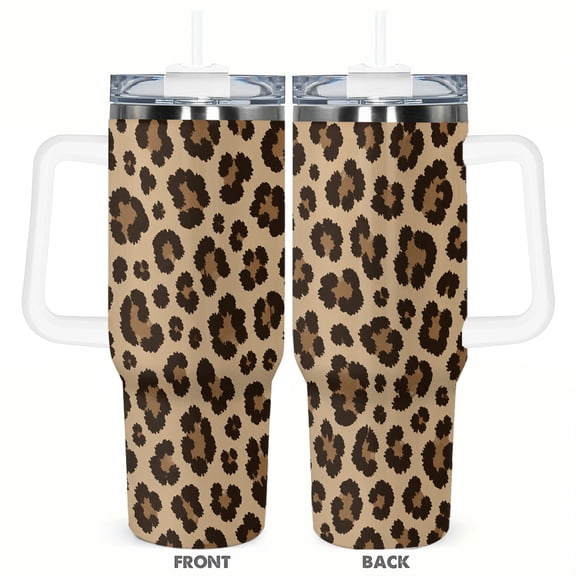Classic Brown Leopard Print 40oz Insulated Tumbler with Handle and Straw Travel Coffee Cup Car Cup Gift for Women