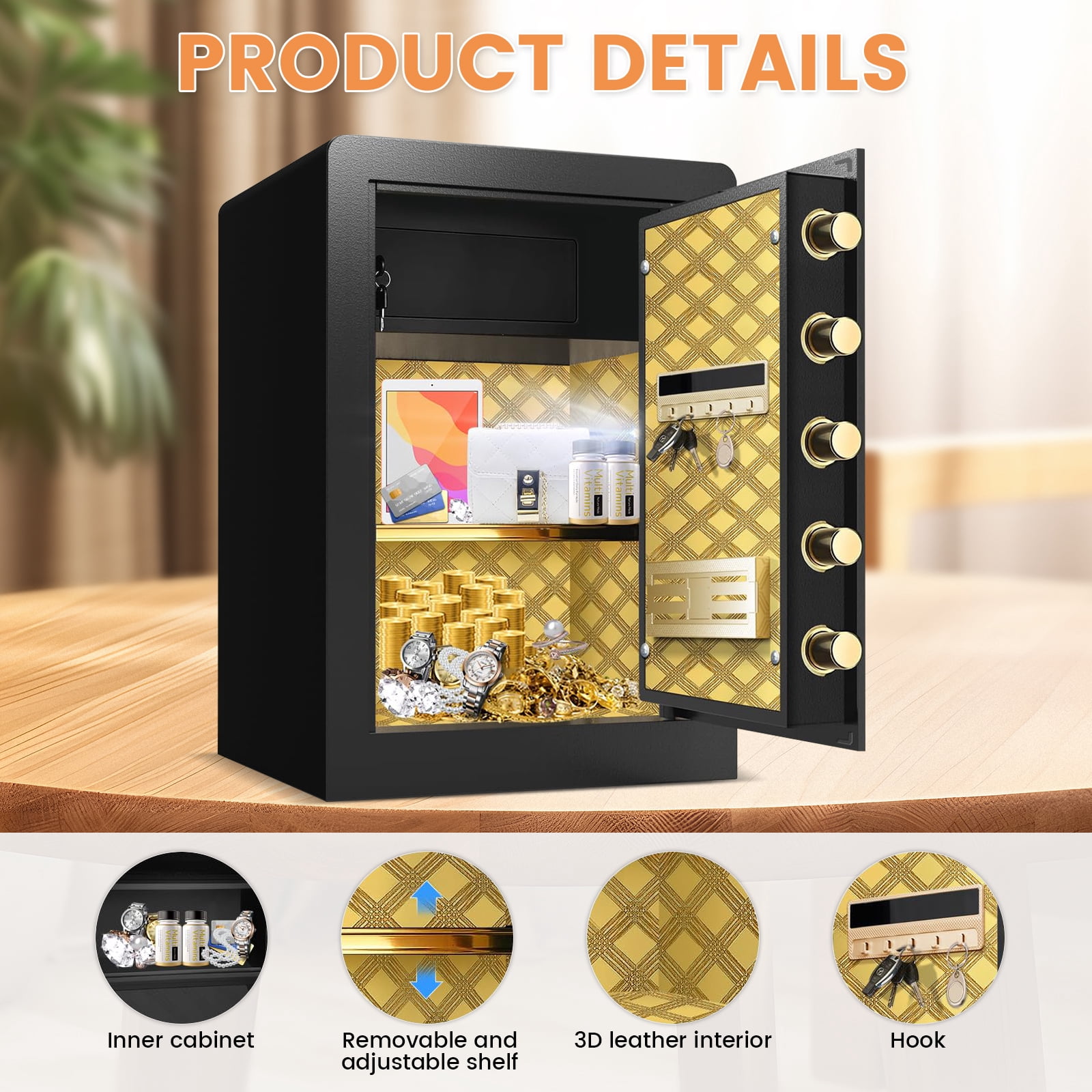 Fireproof Waterproof Safe Box with Deposit Slot & Adjustable Shelf, Extra Large Home Safe with Soft PU Leather Lining, Large LCD Screen & Dual Alarm for Home Office