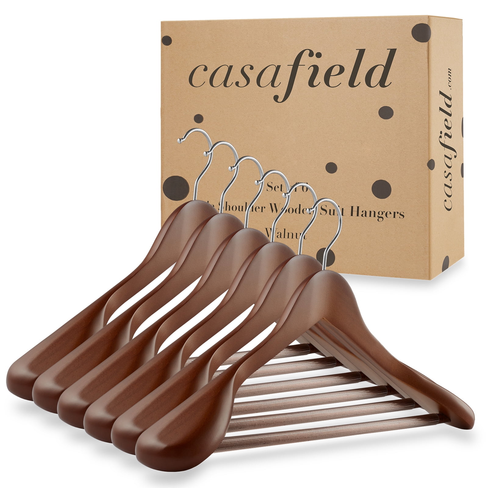 Casafield 6 Wide Shoulder Wooden Suit Hangers, Walnut - Non-Slip Pant Bar & Swivel Hook