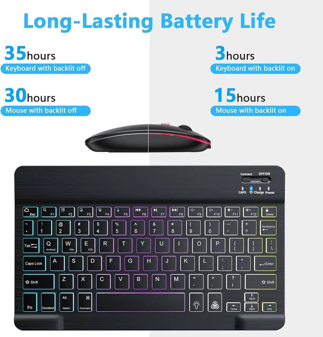Bluetooth Keyboard and Mouse Combo with 7-Color Backlit, Rechargeable Wireless Keyboard for iPad/Samsung/Tablet/PC/Laptop/iPhone/iOS/Windows/Android