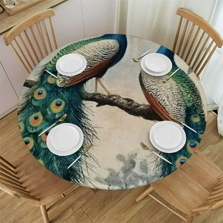 

SHERONV Peacocks Birds Round Tablecloth 100% Polyester Waterproof Resistant Fabric Ideal for Indoor and Outdoor Restaurants Weddings Parties 31 -35
