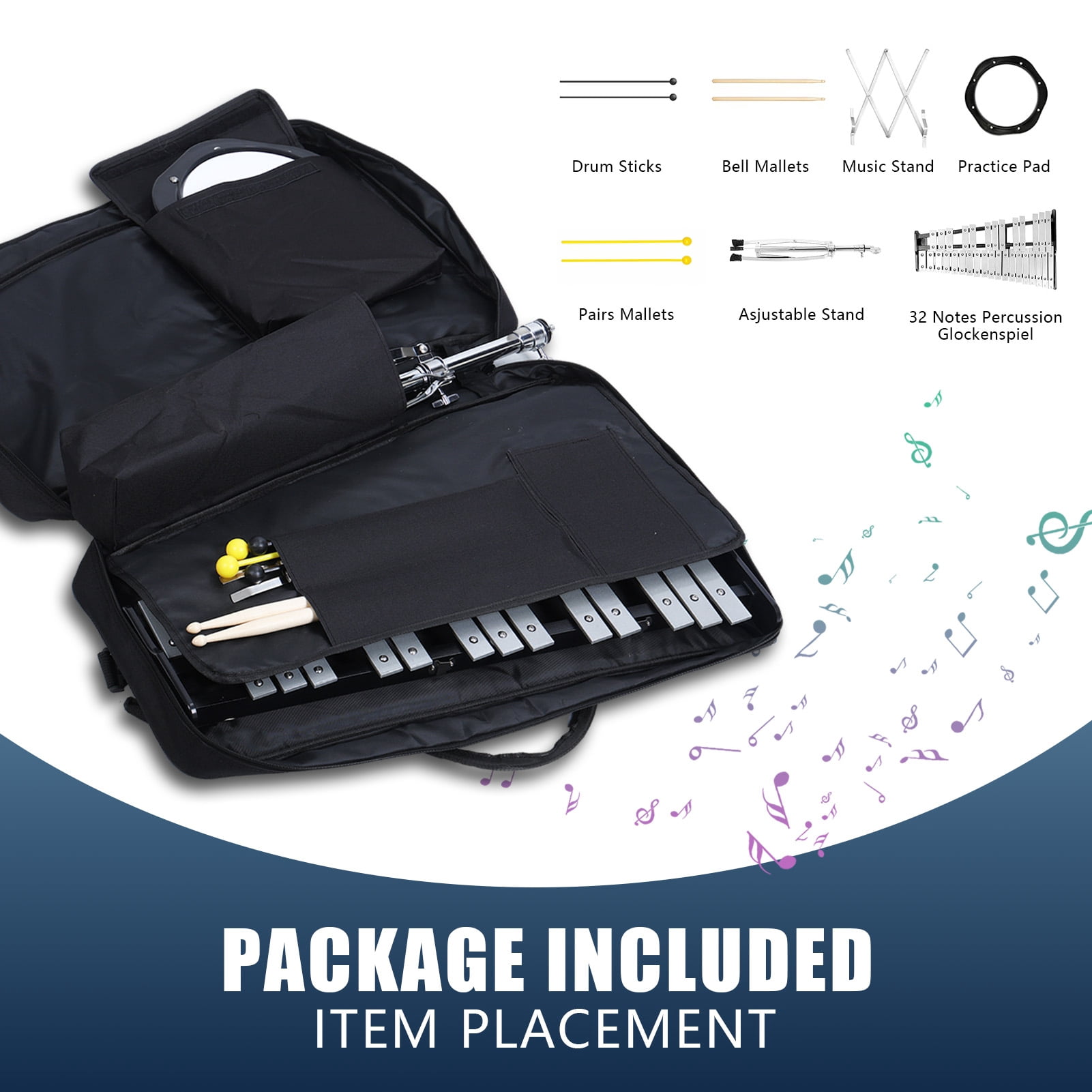 StarBay Glockenspiel Kit, 32 Notes, Portable With stand, mallets, drumsticks, carrying bag.
