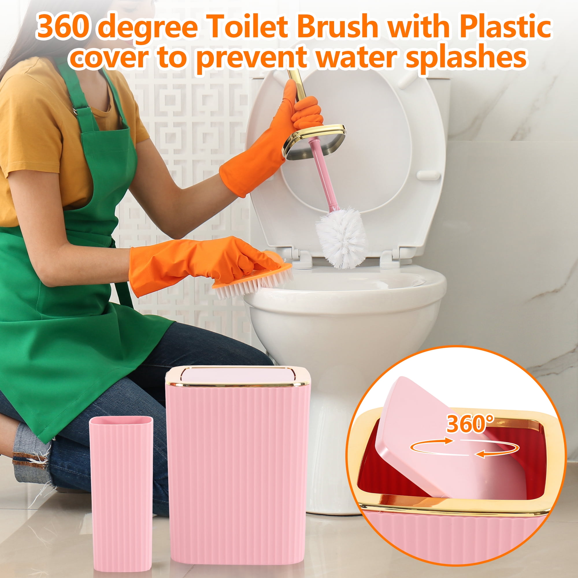Bathroom Accessories Set,9 Piece Pink Bathroom Sets Complete With Toothbrush Holder, Trash Can, Lotion Soap Dispenser, Toothbrush Cup, Vanity Tray, Soap Dish, Toilet Brush, Qtip Holder