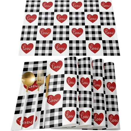 

SPXUBZ Valentine s Day Placemats Black and White Plaid Red Heart Love Stitching 18x12 Inch Placemats Suitable for Home Table Valentine s Day Couple Love Decoration Placemats Set of 4