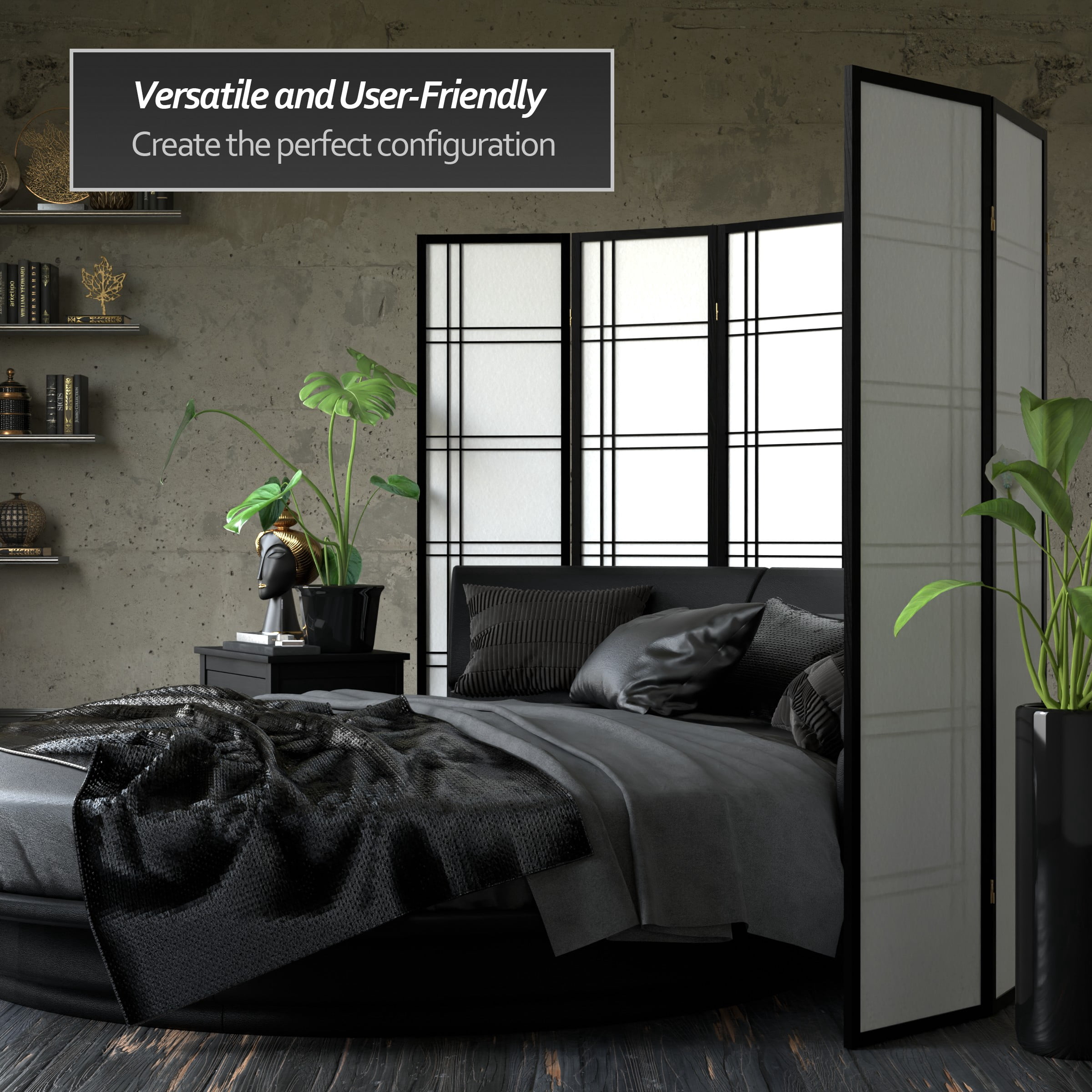 6 ft. Tall Three-Panel Shoji Screen Room Divider in Black with Double Cross Frame