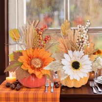 Fall Decor Artificial Pumpkin Flowers Fall Table Centerpieces with Pumpkin Sunflowers Maple Leaves Faux Pumpkin Flowers for Halloween Thanksgiving Autumn Harvest Home Decoration