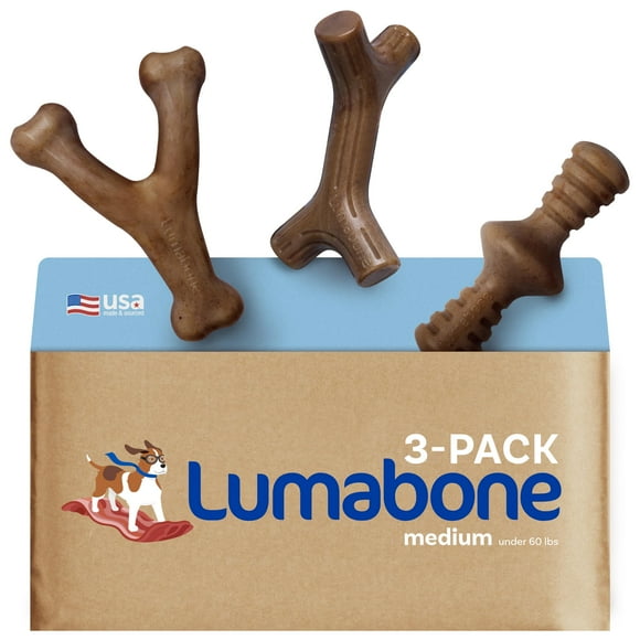 Lumabone Vrai Bacon Moyen Lot de 3 Jouets à Mâcher Durables pour Chiens Mâcheurs Agressifs, Fabriqué aux États-Unis Wishbone, Zaggler, Stick