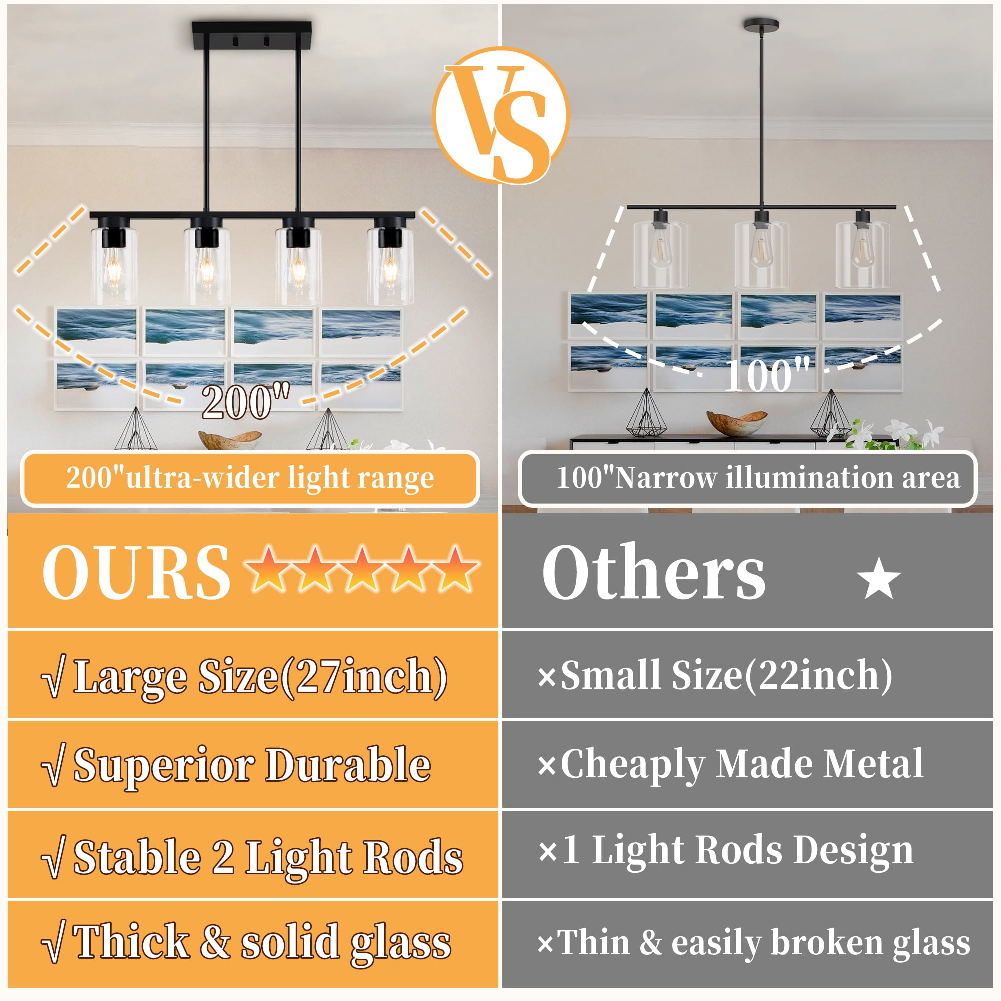 Auffel Pendant Lights Kitchen Island with Clear Glass,4-Light Dining Room Light Fixtures over Table Farmhouse Industrial Linear Chandelier 27 Inch