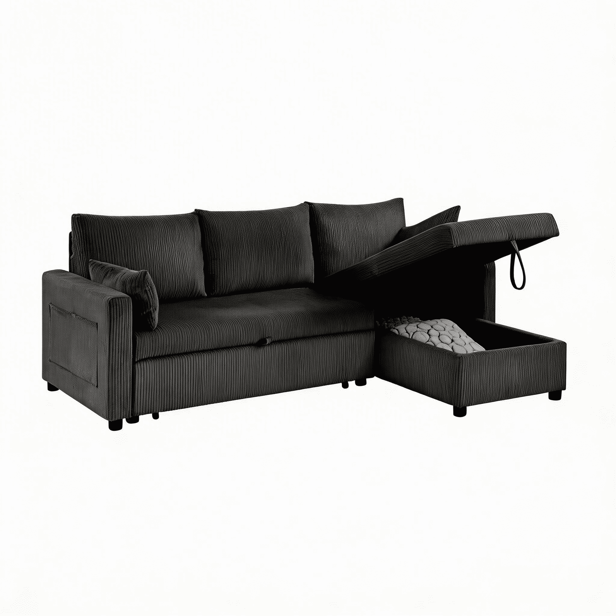 BSHTI L-Shaped Pull Out Sleeper Sofa Bed with Storage Chaise – 3-Seater Convertible Corduroy Sectional Couch for Small Living Room, Apartment, or Office, Black