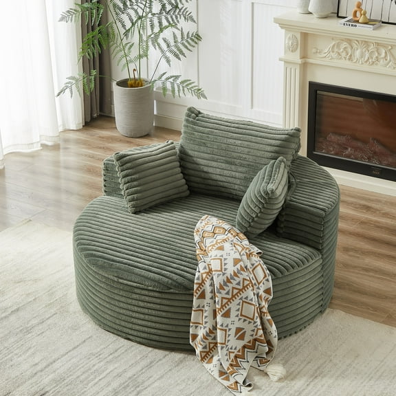 CKEASEAN 55'' Oversized Corduroy Round Chair Lounge Chaise Indoor, Upholstered Cloud Large Circle Sofa Chair with Deep Seat, No Assembly Required, Fluffy Modern Floor Sleep Sofa for Living Room