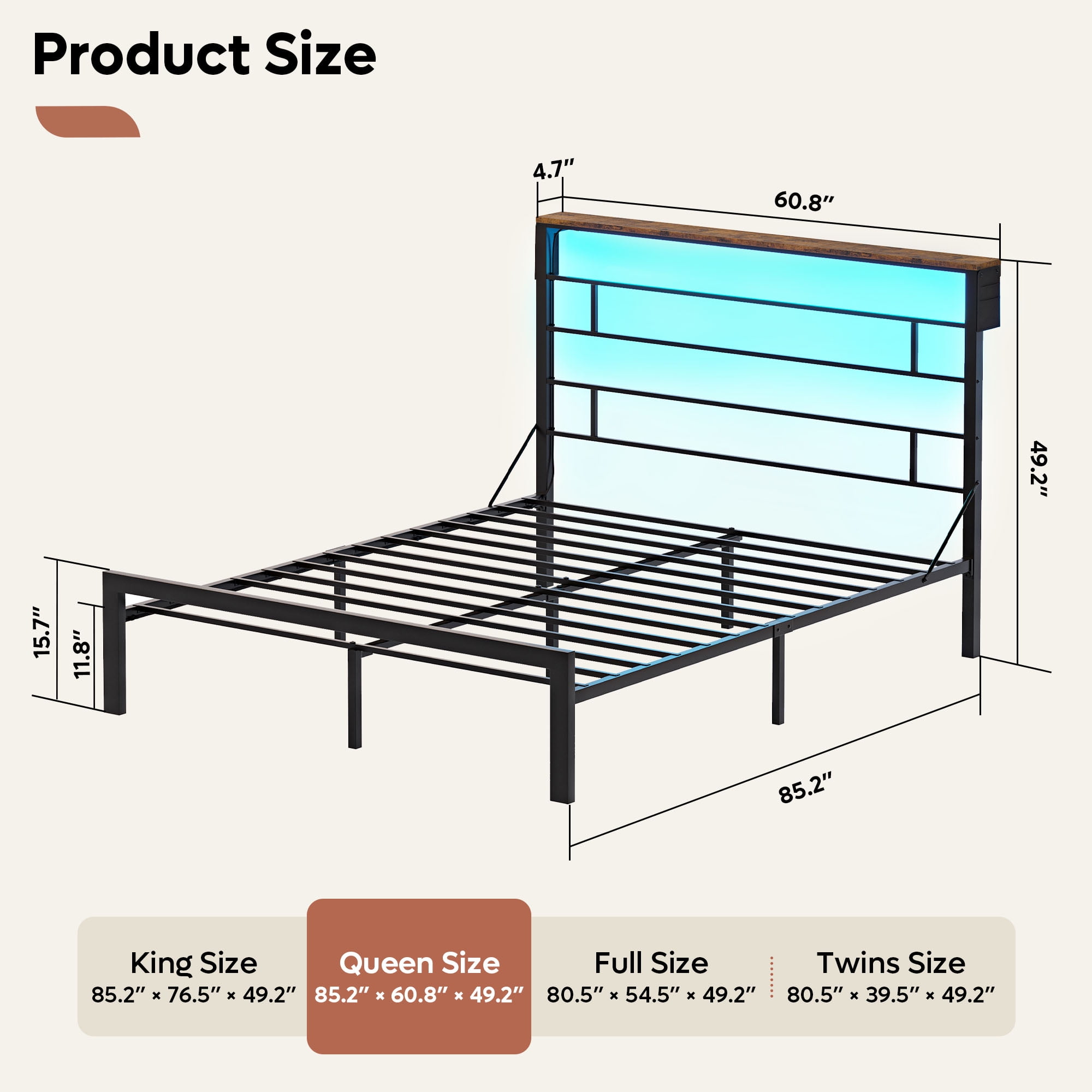 Bestier Queen Size Bed Frame with 49.2" High LED Storage Headboard Shelf, Metal Platform Bed, Black